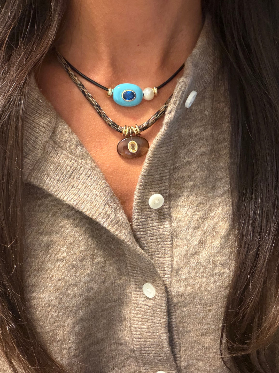 Turquoise Pearly Leather Choker